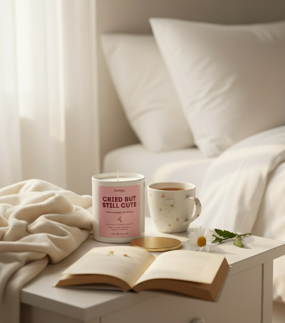 Candle with a pink label, mug of tea, and open book on a bedside table.
