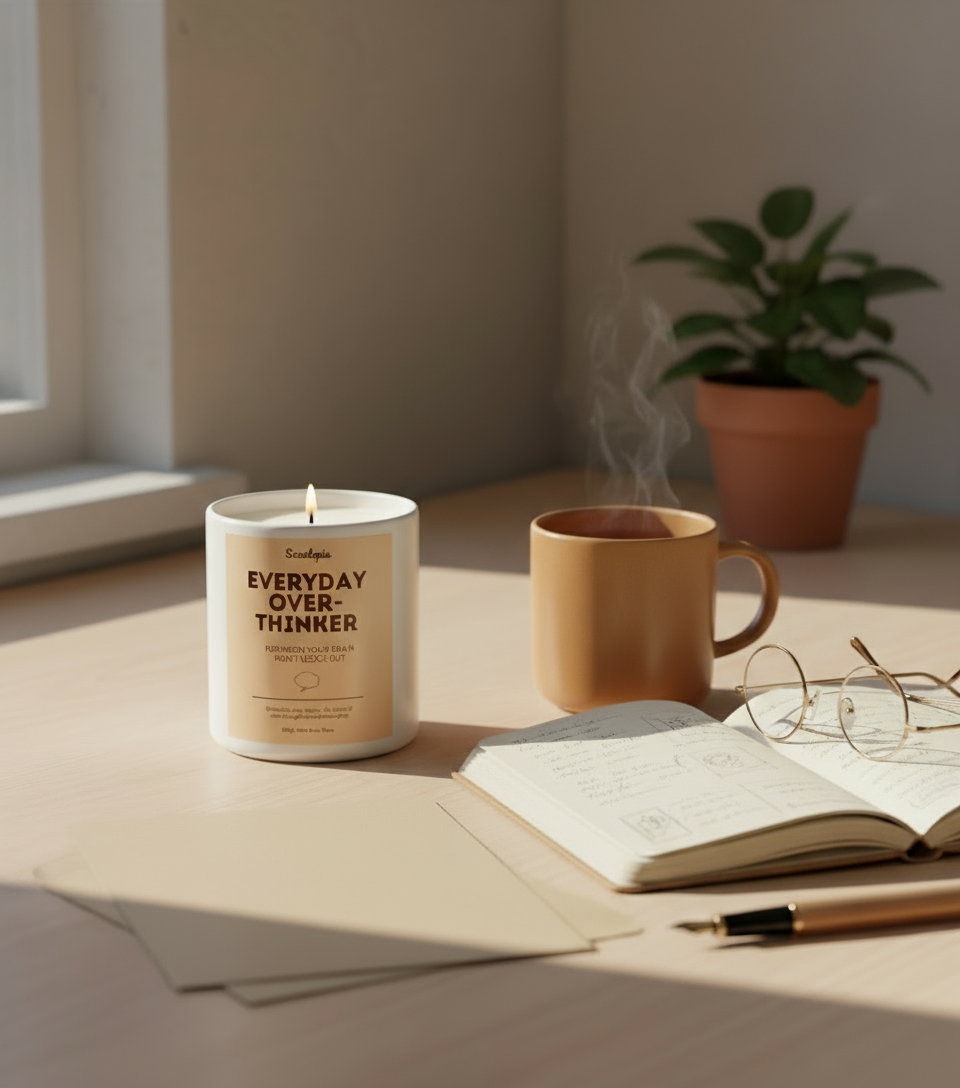 Candle labeled 'Everyday Overthinker' on a table with a mug, notebook, and glasses.