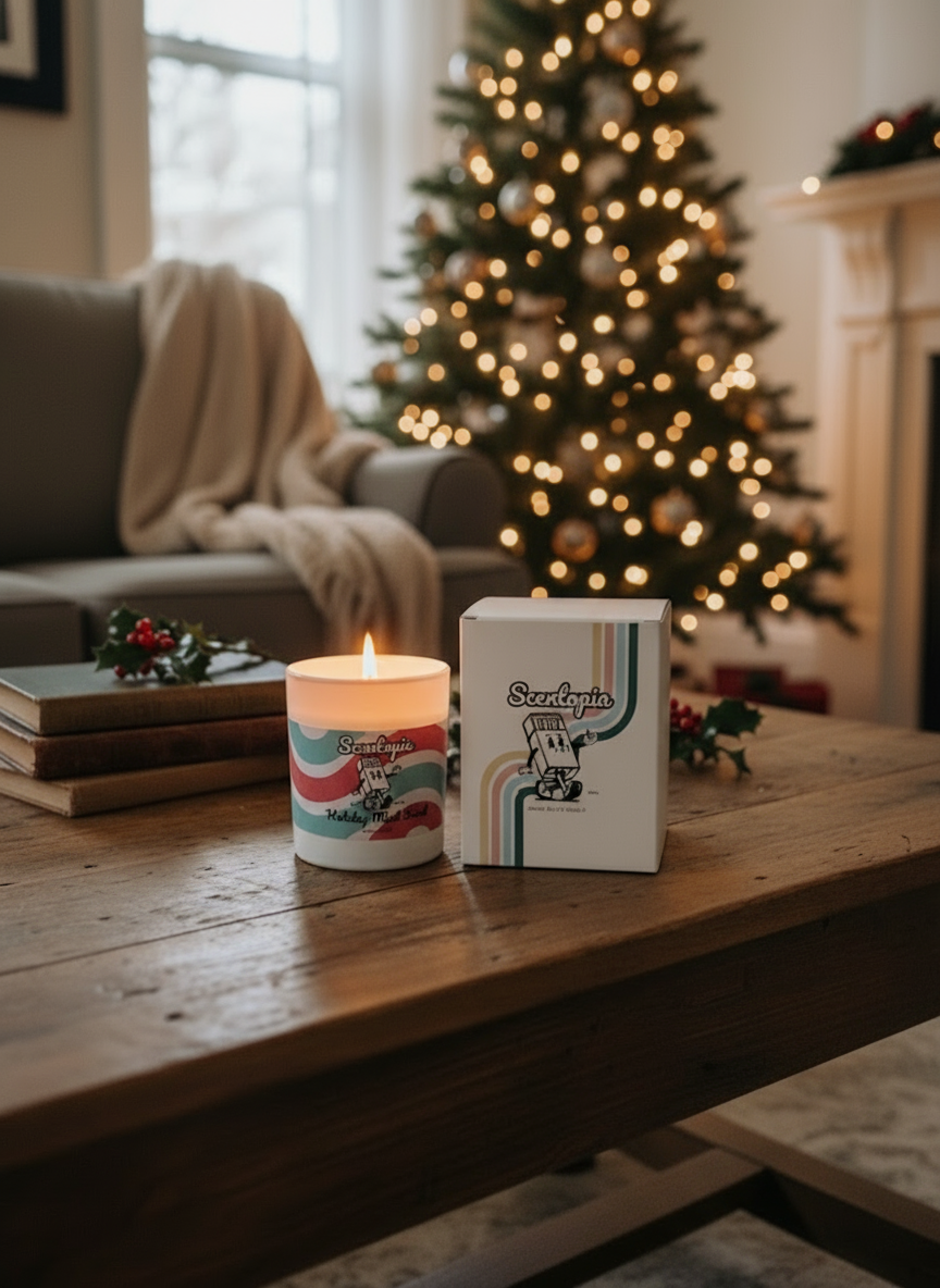 Candle and packaging on a wooden table with a decorated Christmas tree in the background