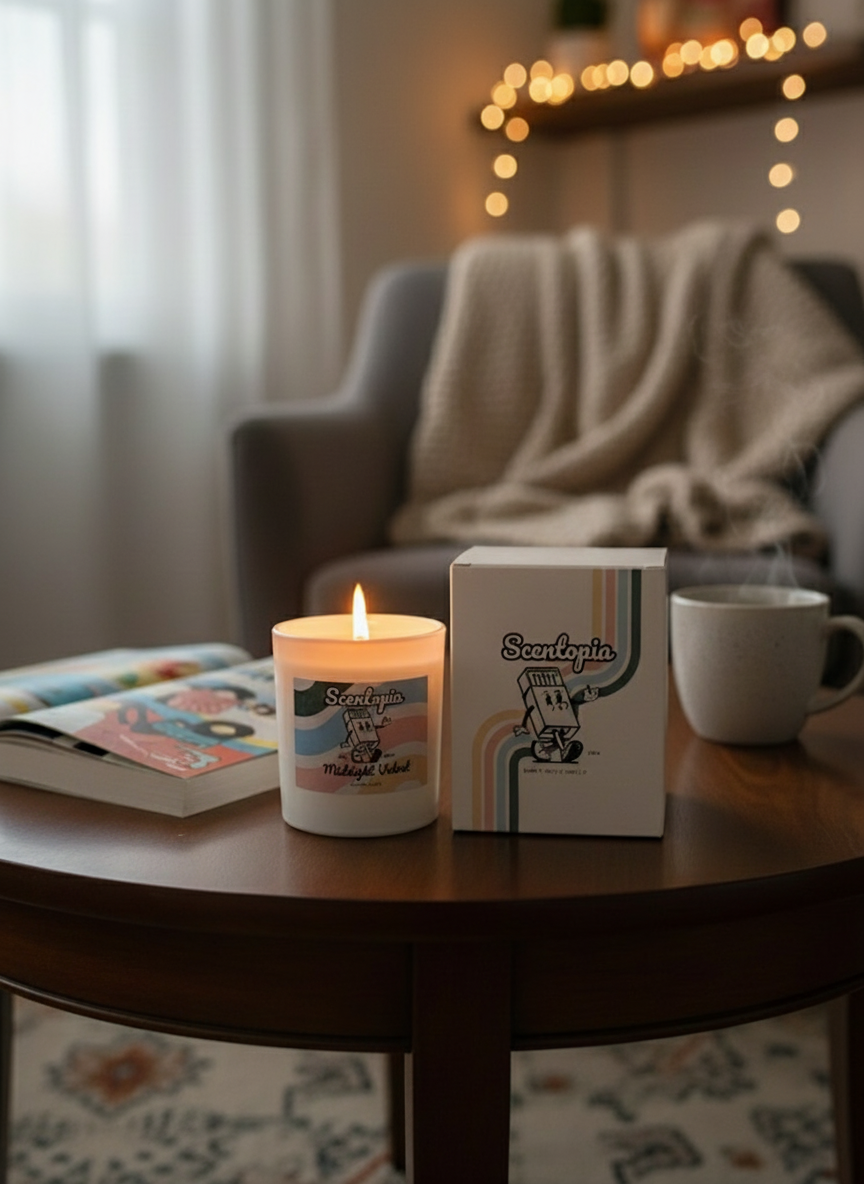 scnetopia candle on a coffee table with a cteacup and a magazine next to it and a living room background