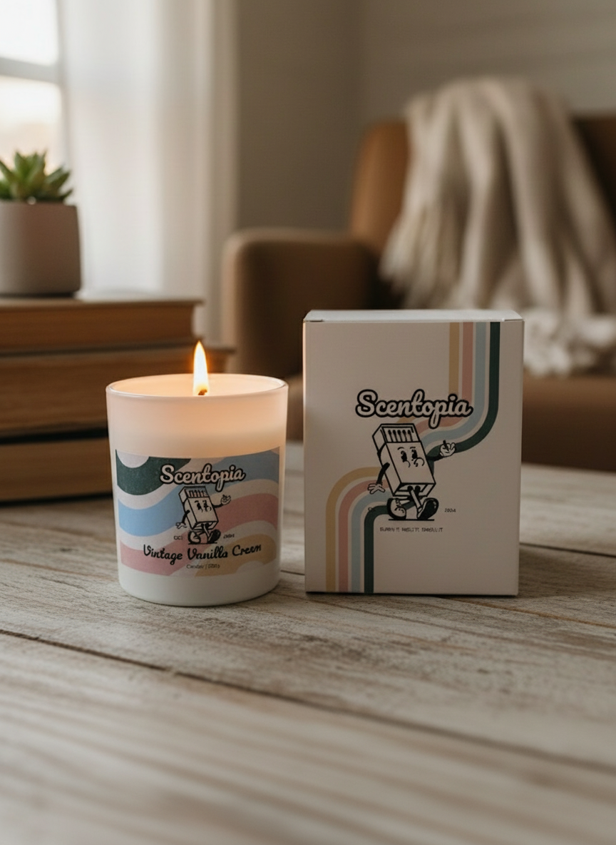 Scentopia candle and packaging on a wooden surface with a blurred background