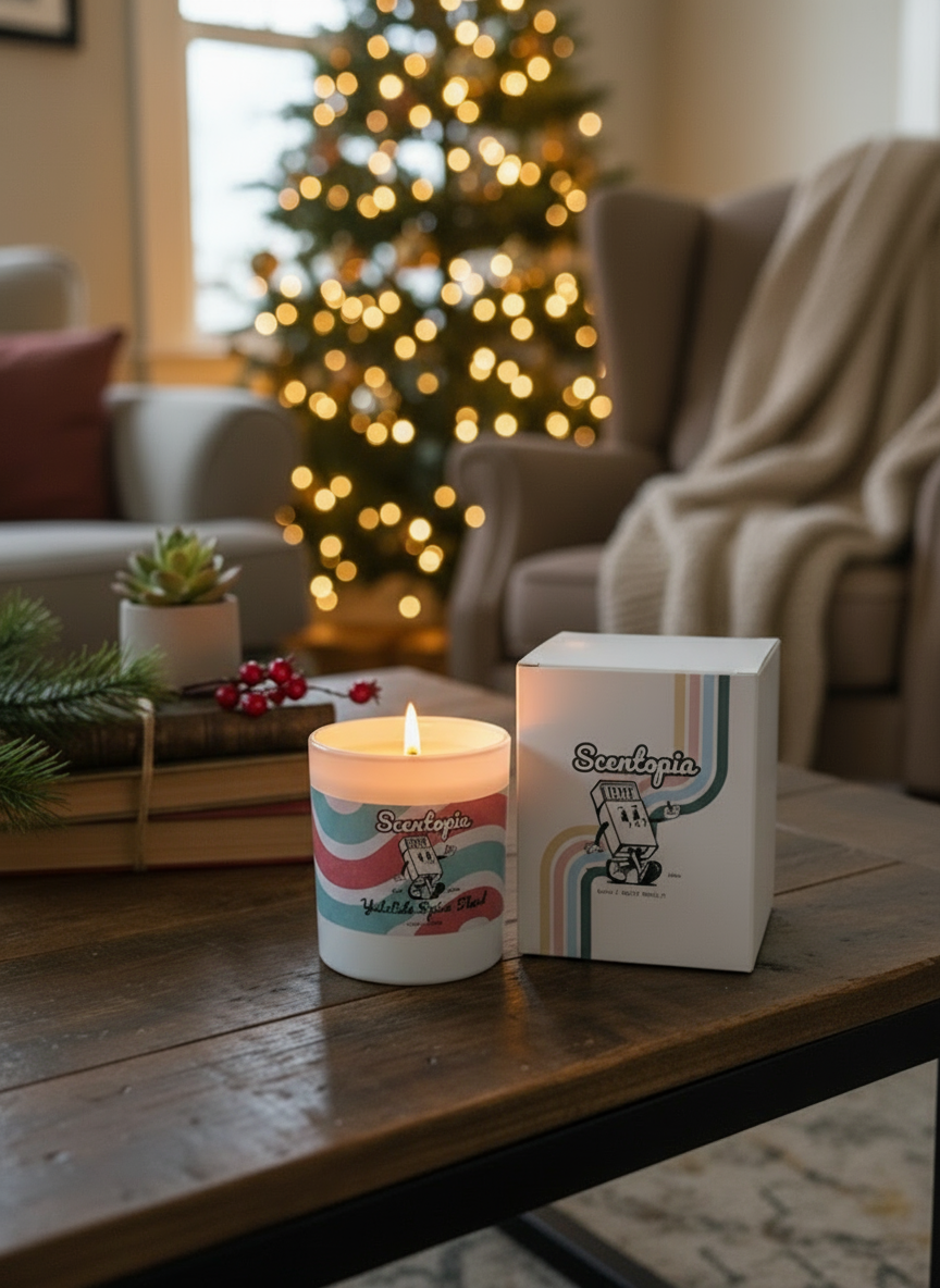 Scentopia candle and packaging on a table with a Christmas tree in the background