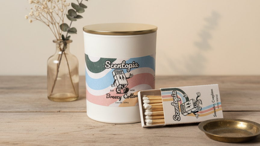 Scentopia candle and matches on a wooden surface with a neutral background