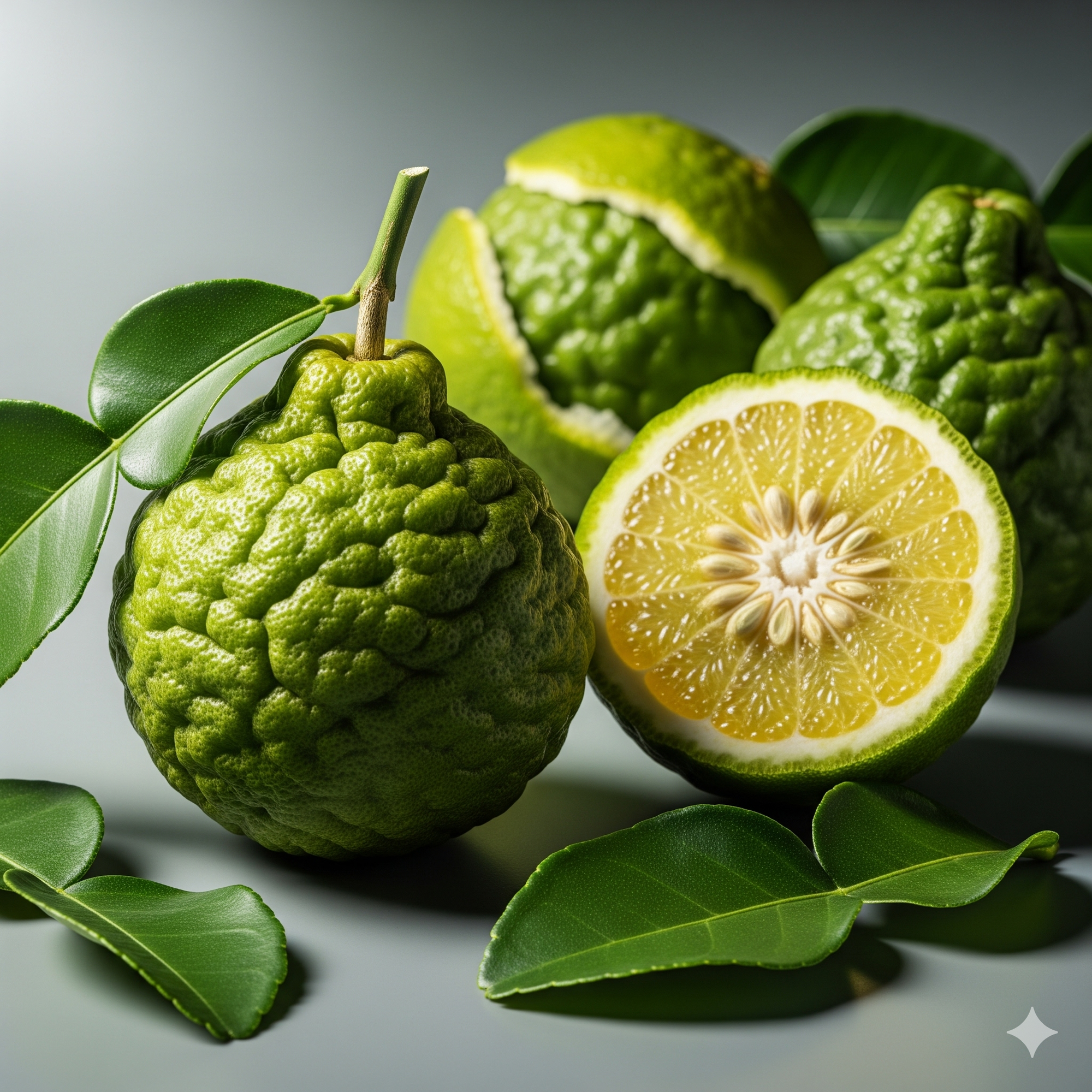 Green bergamot fruit with leaves and a halved fruit showing its interior.