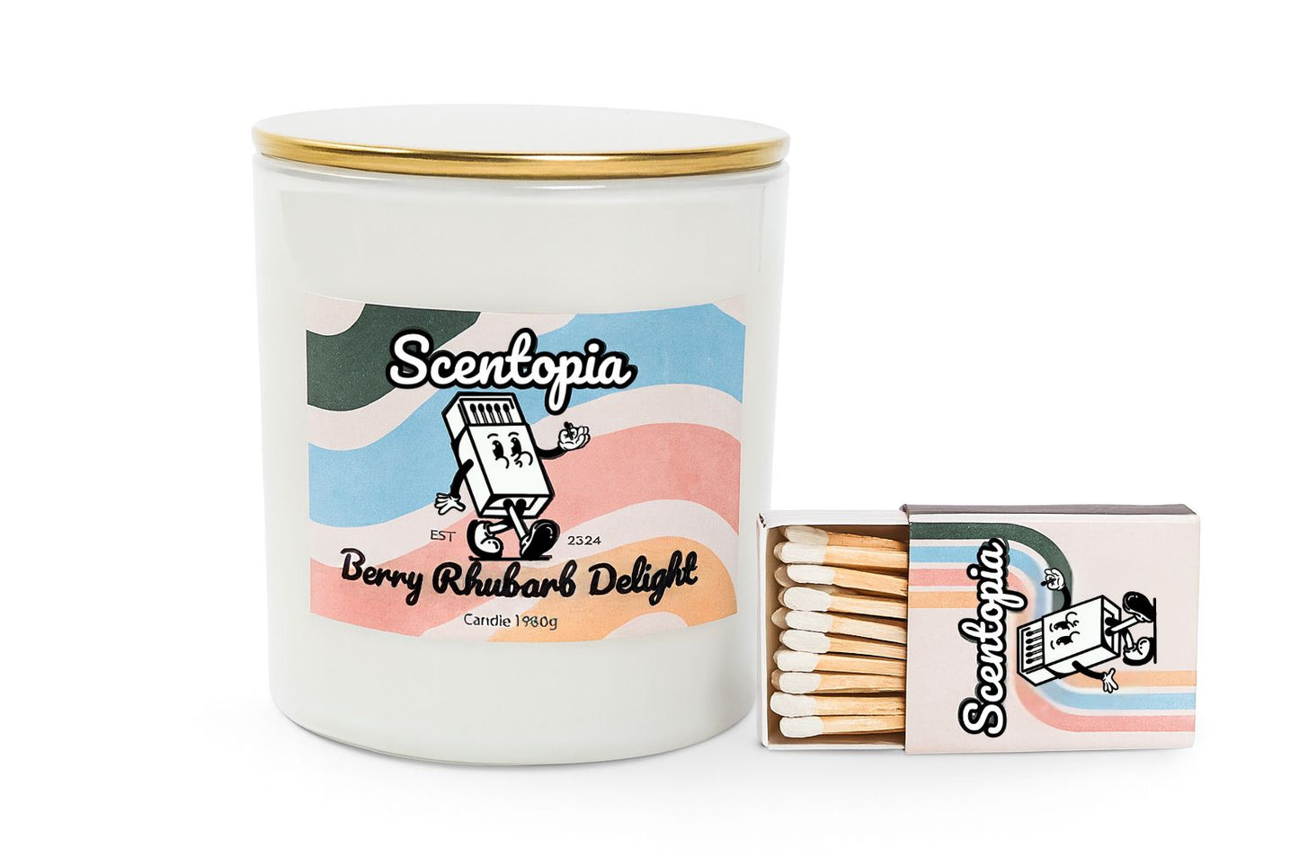 Scentopia candle with packaging and matches on a white background