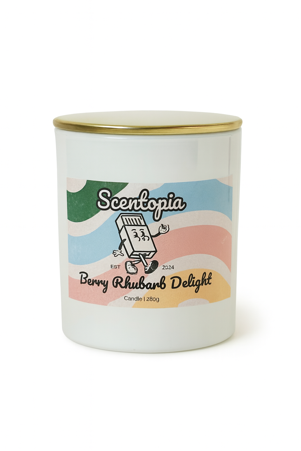 Scentopia candle labeled 'Berry Rhubarb Delight' on a white background