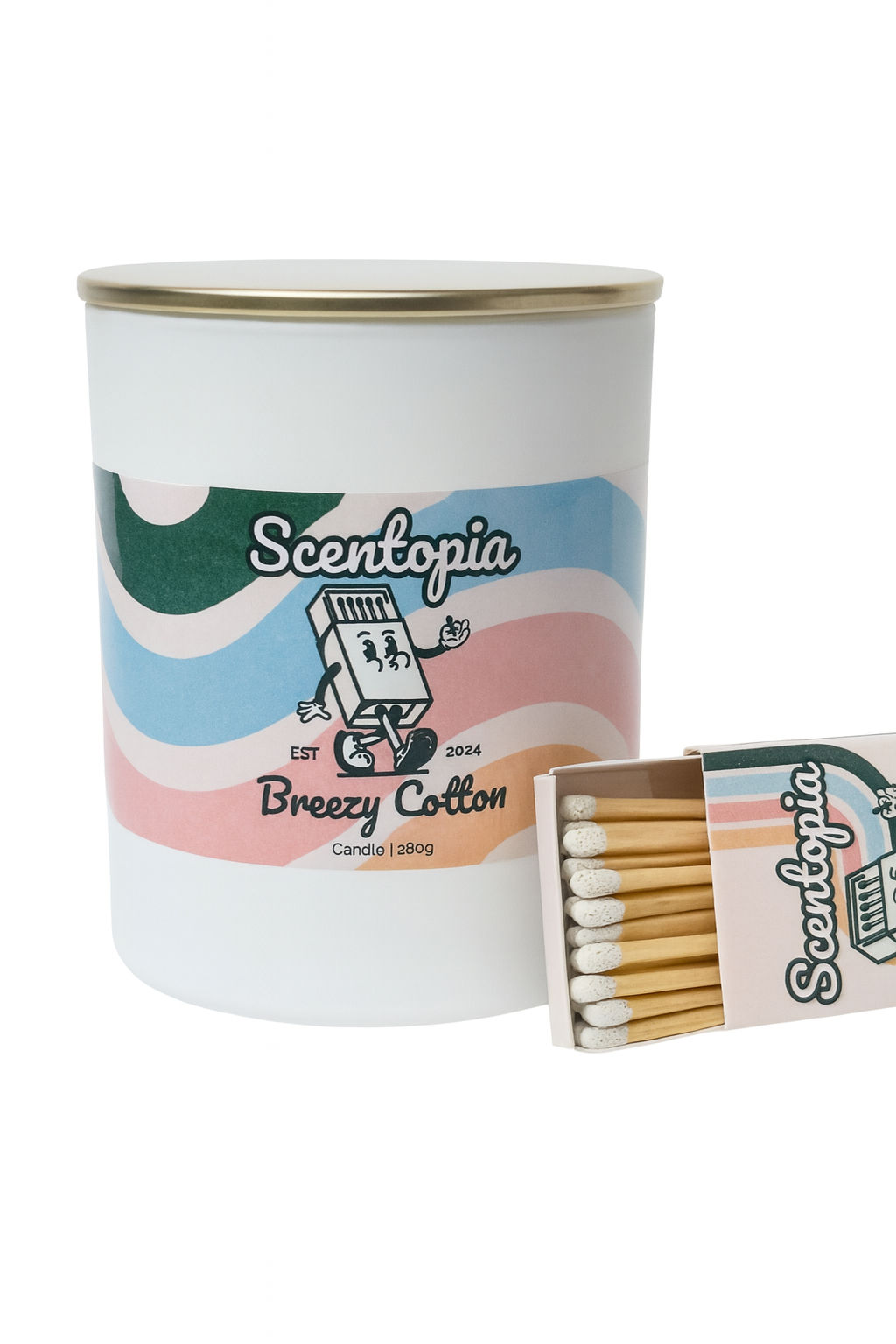 Scentopia Breezy Cotton candle with matches on a white background