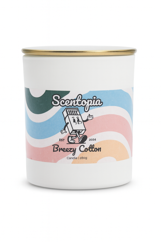 Scentopia candle with colorful label on a white background