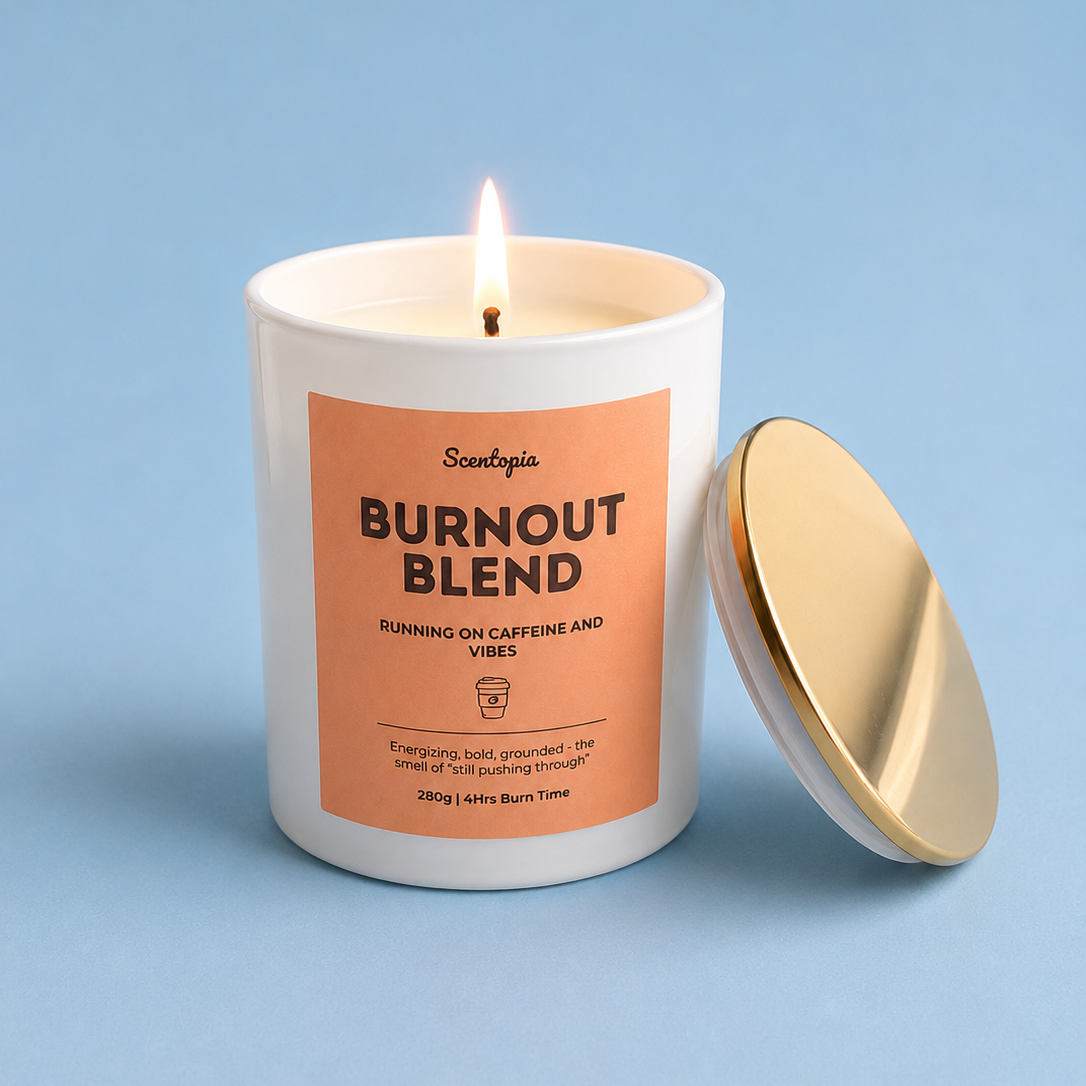 Candle labeled 'Burnout Blend' with a gold lid on a light blue background