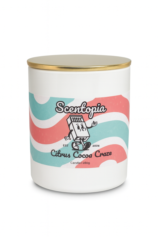 Scentopia candle with colorful label on a white background
