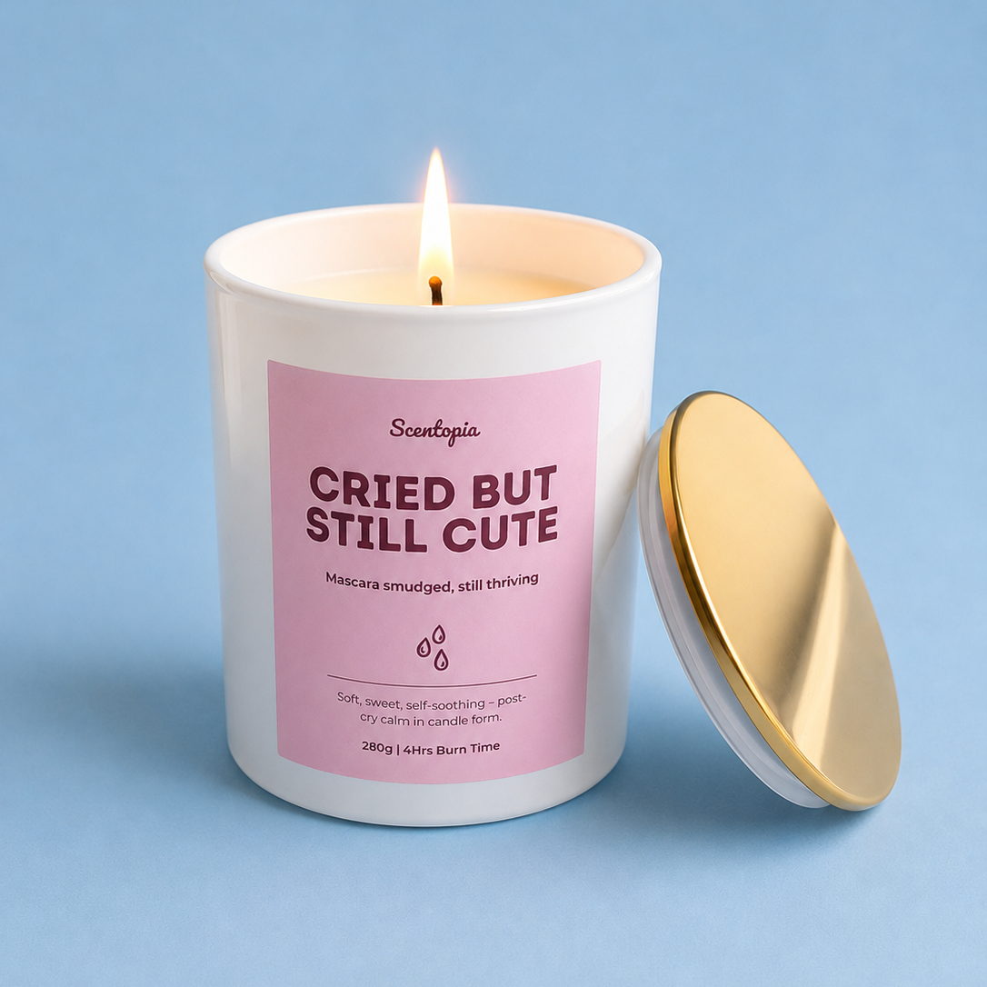 Candle with a pink label on a blue background