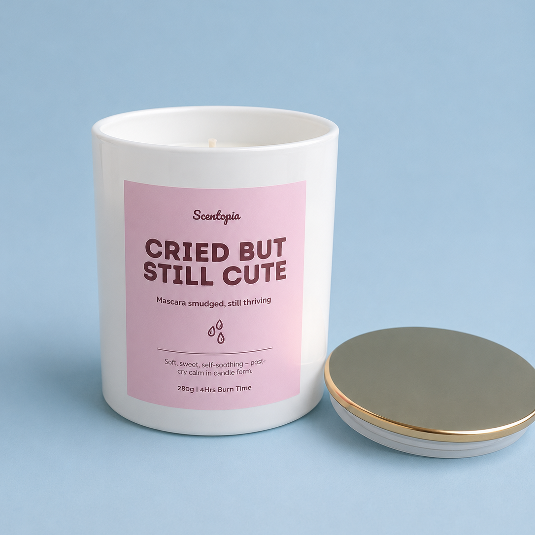 Candle with a pink label on a blue background