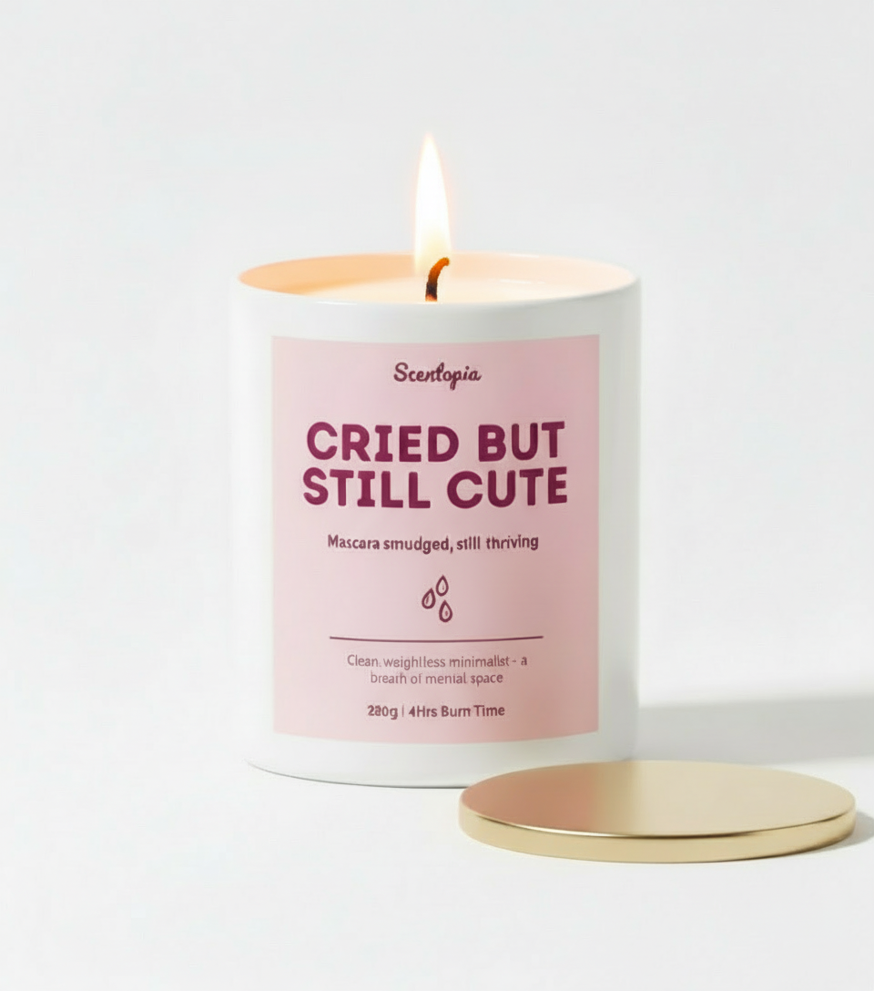 Candle with a pink label on a white background
