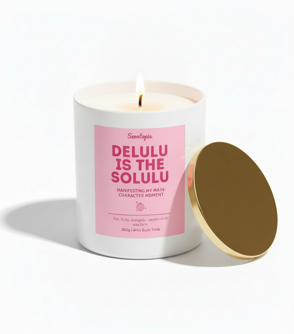 Candle with a pink label on a white background