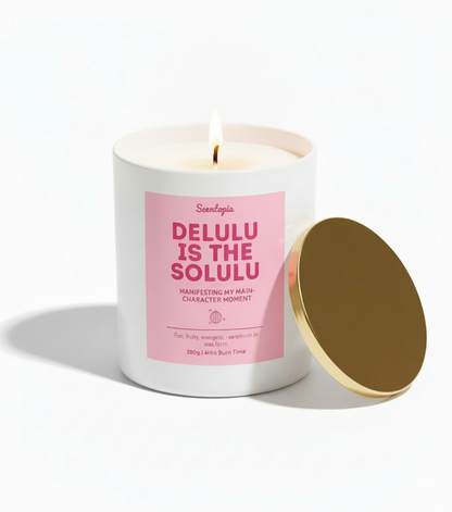 Candle with a pink label on a white background