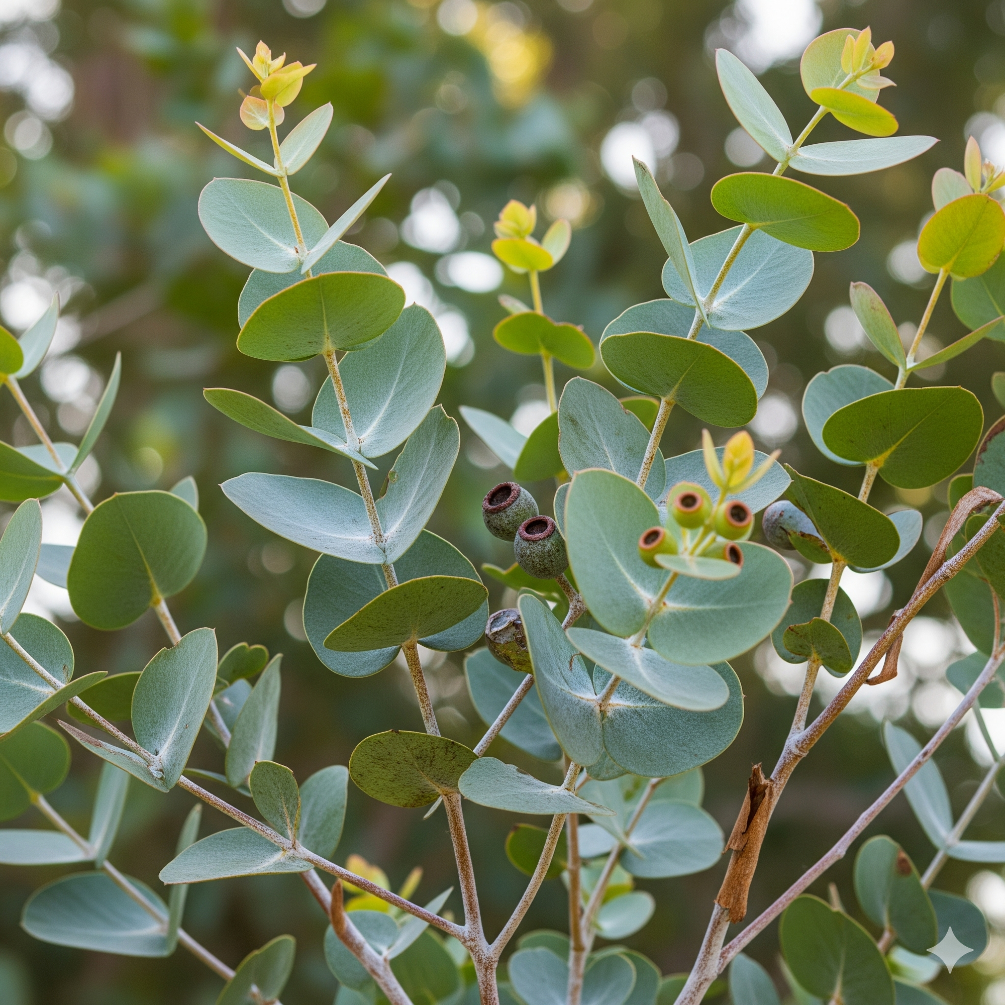 Close-up of green leaves and small yellow flowers on a blurred natural background