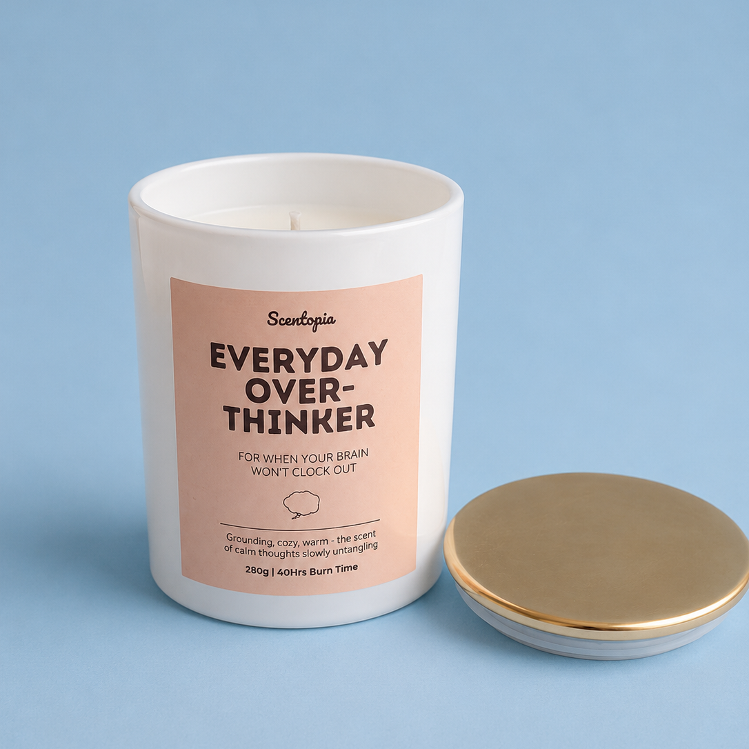 Candle with a label on a blue background