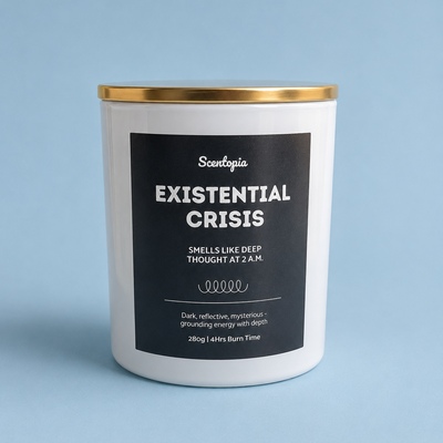 Candle labeled 'Existential Crisis' with a gold lid on a light blue background