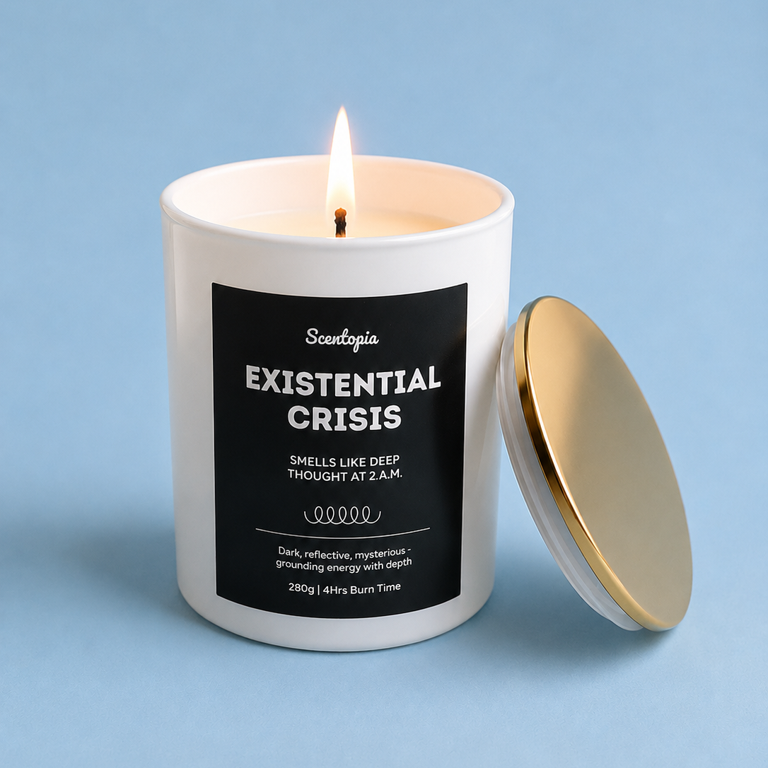 Candle with a label titled 'Existential Crisis' on a blue background