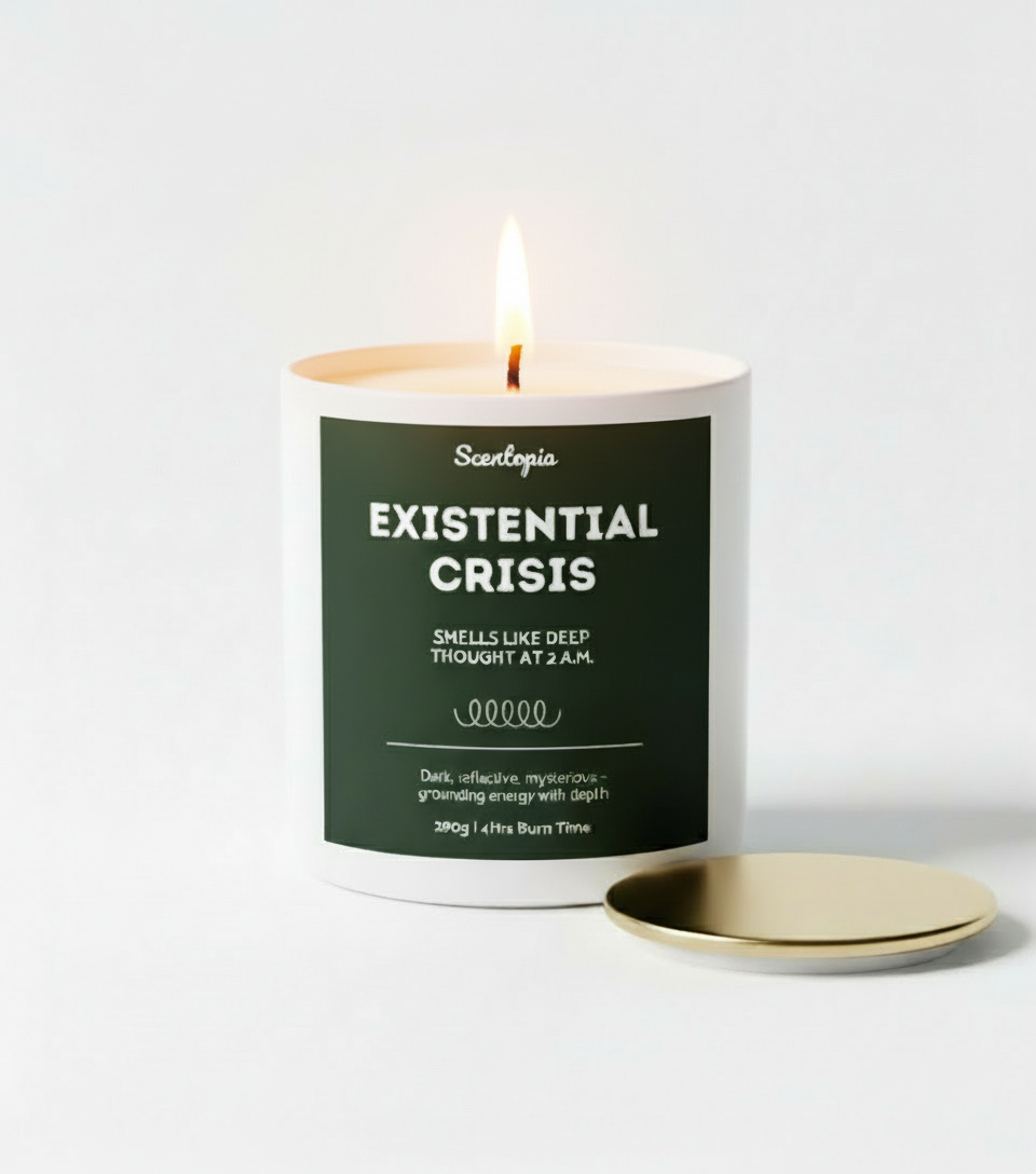 Candle with a label titled 'Existential Crisis' on a white background