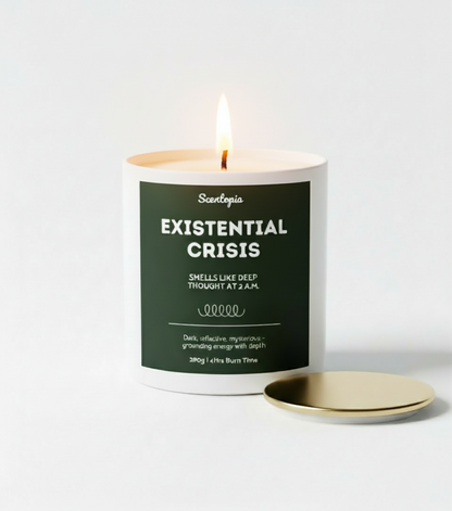 Candle with a label titled 'Existential Crisis' on a white background