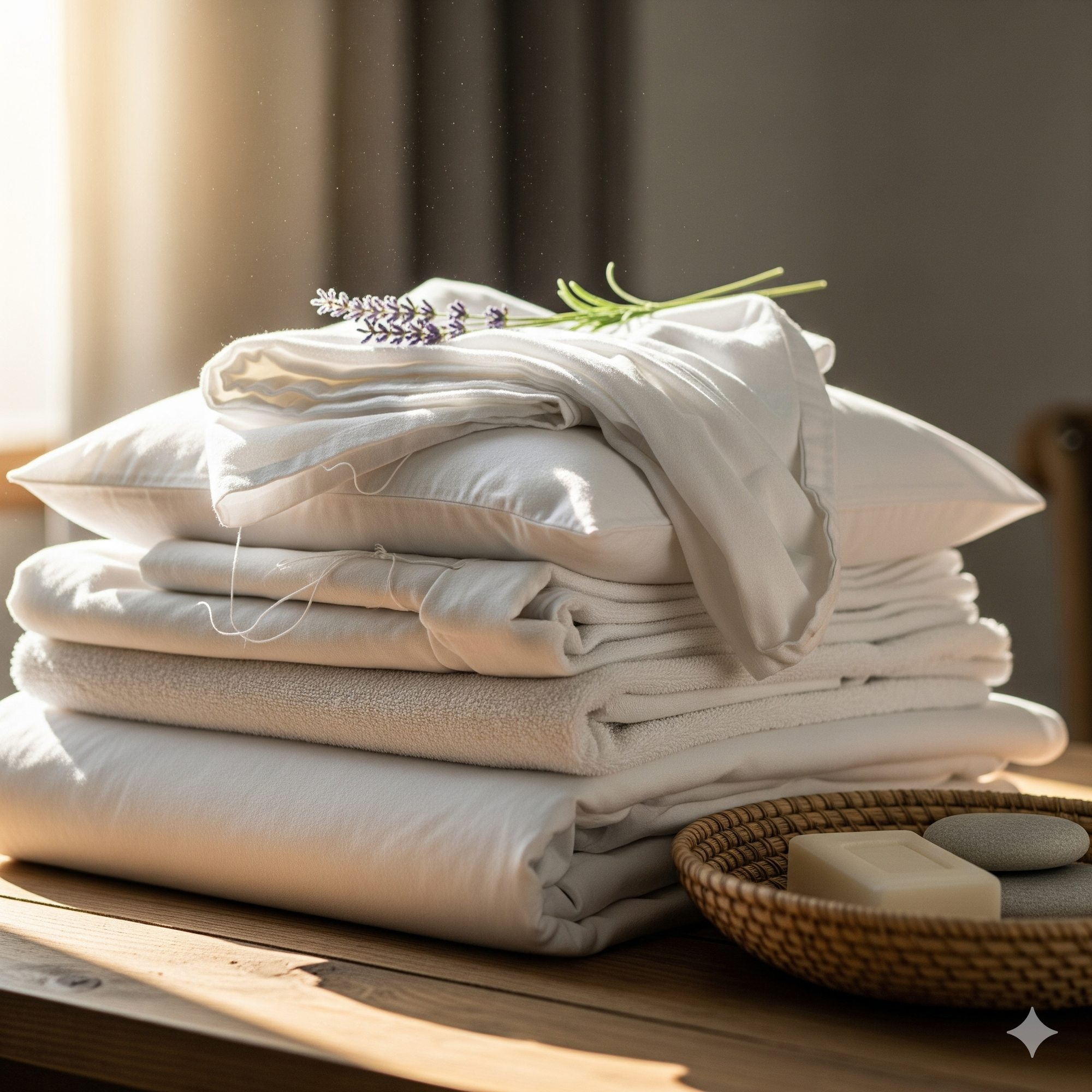 Stack of white towels on a wooden surface with a basket of soap and lavender flowers.