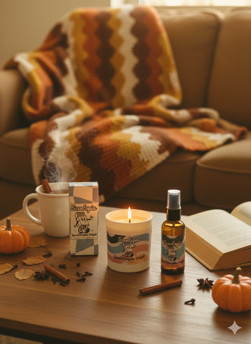 Candle, coffee, and other items on a table with a cozy blanket and pumpkins in the background
