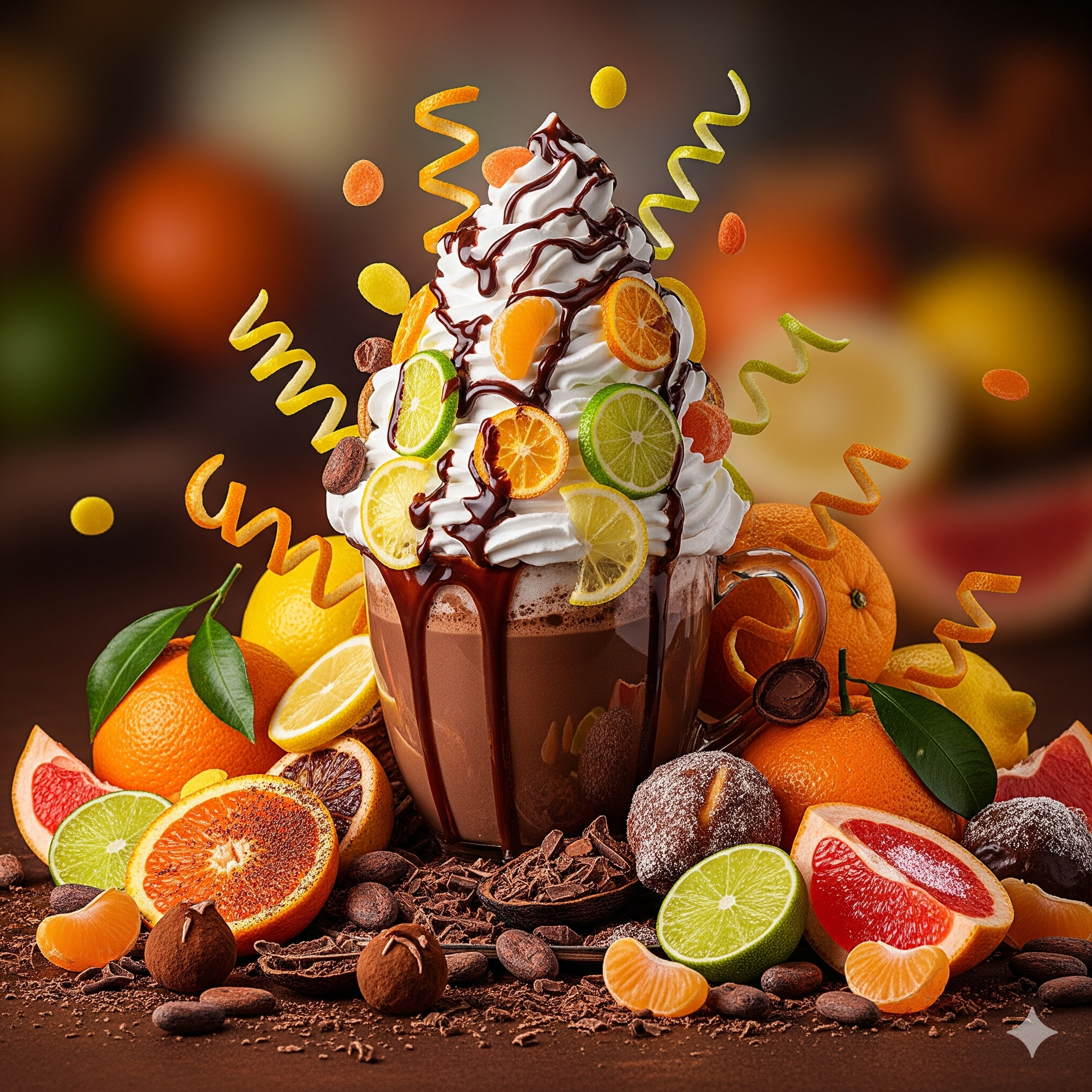 Chocolate shake with whipped cream, fruits, and sprinkles on a dark background