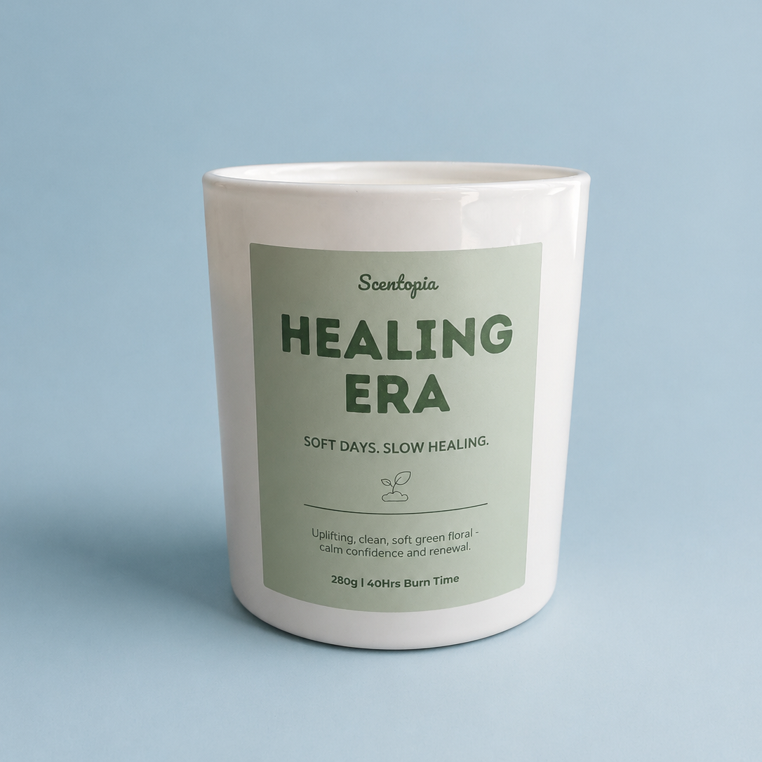 Candle with 'Healing Era' label on a light blue background