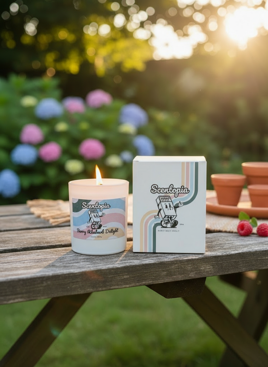 Scentopic candle and packaging on a wooden table with a garden background