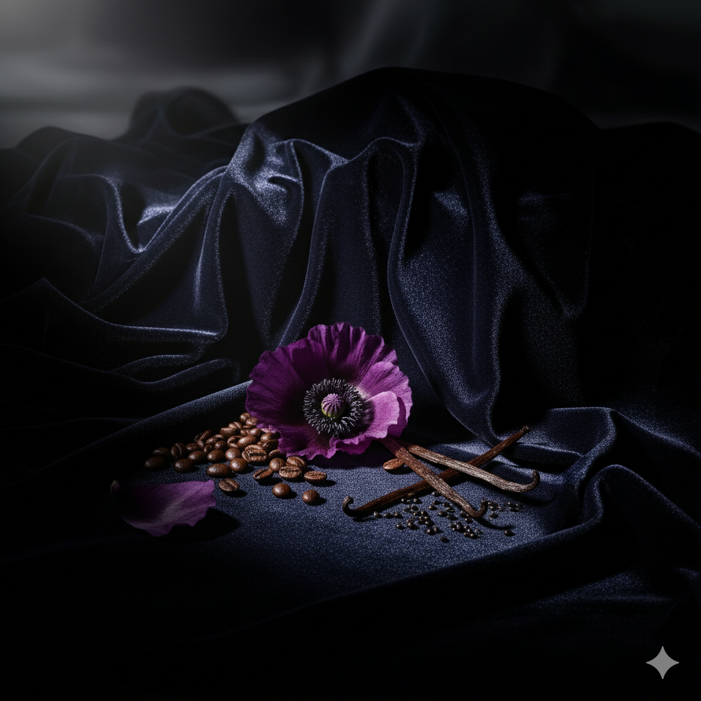 Still life arrangement with purple flower, coffee beans, and cinnamon sticks on dark fabric