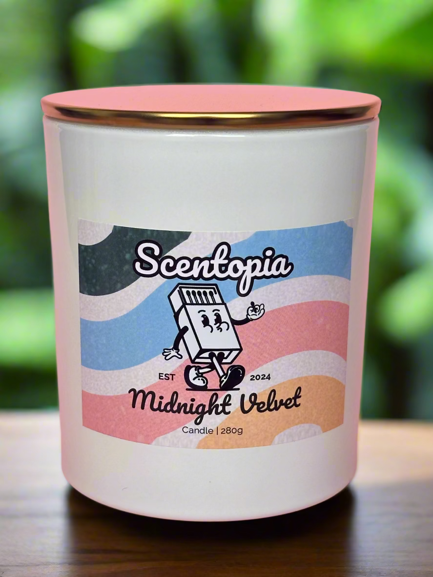 Scentopia candle with colorful label on a wooden surface