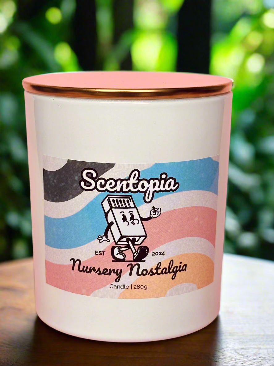 Scentopia Nursery Nostalgia candle with a colorful label on a wooden surface.