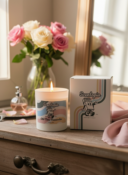 Scentopia candle and packaging on a wooden surface with flowers in the background