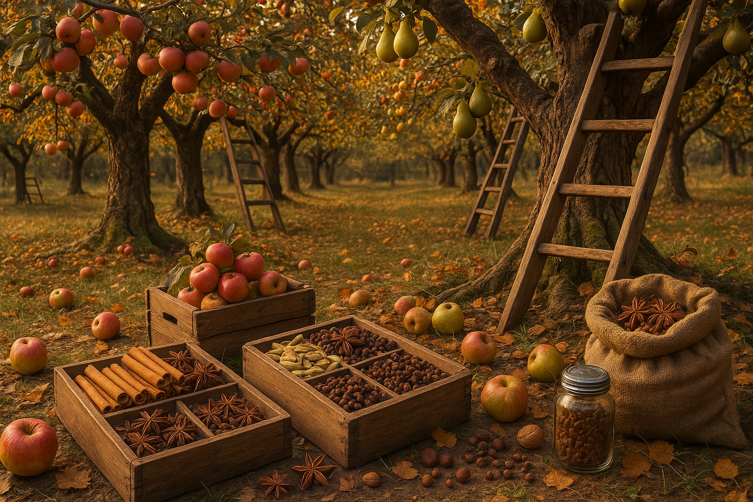 Apple orchard with apples, cinnamon, and star anise on a wooden table.