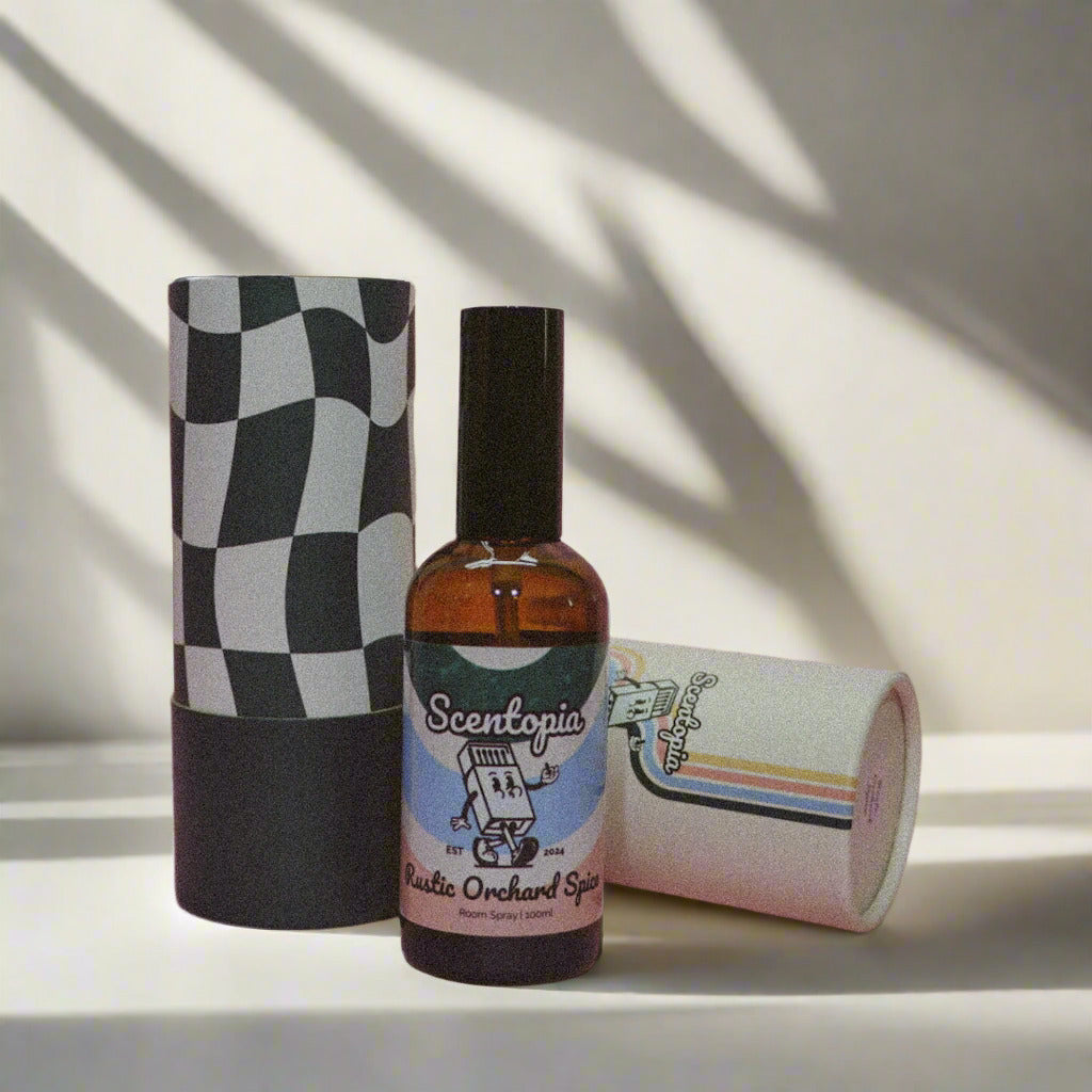 Room Spray bottle with checkered and colorful cylindrical packaging on a light background