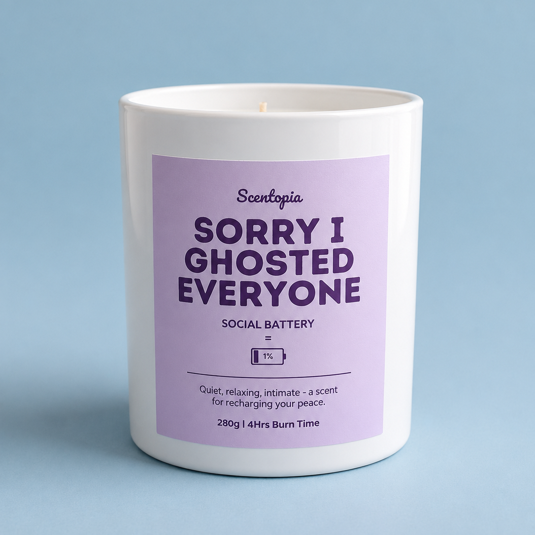 Candle with a purple label on a light blue background