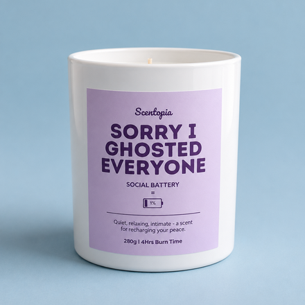 Candle with a purple label on a light blue background