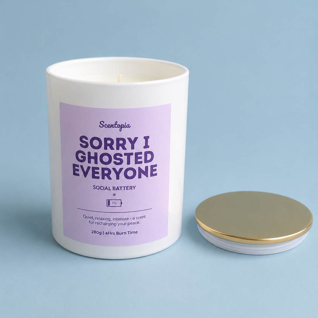 Candle with a purple label on a light blue background