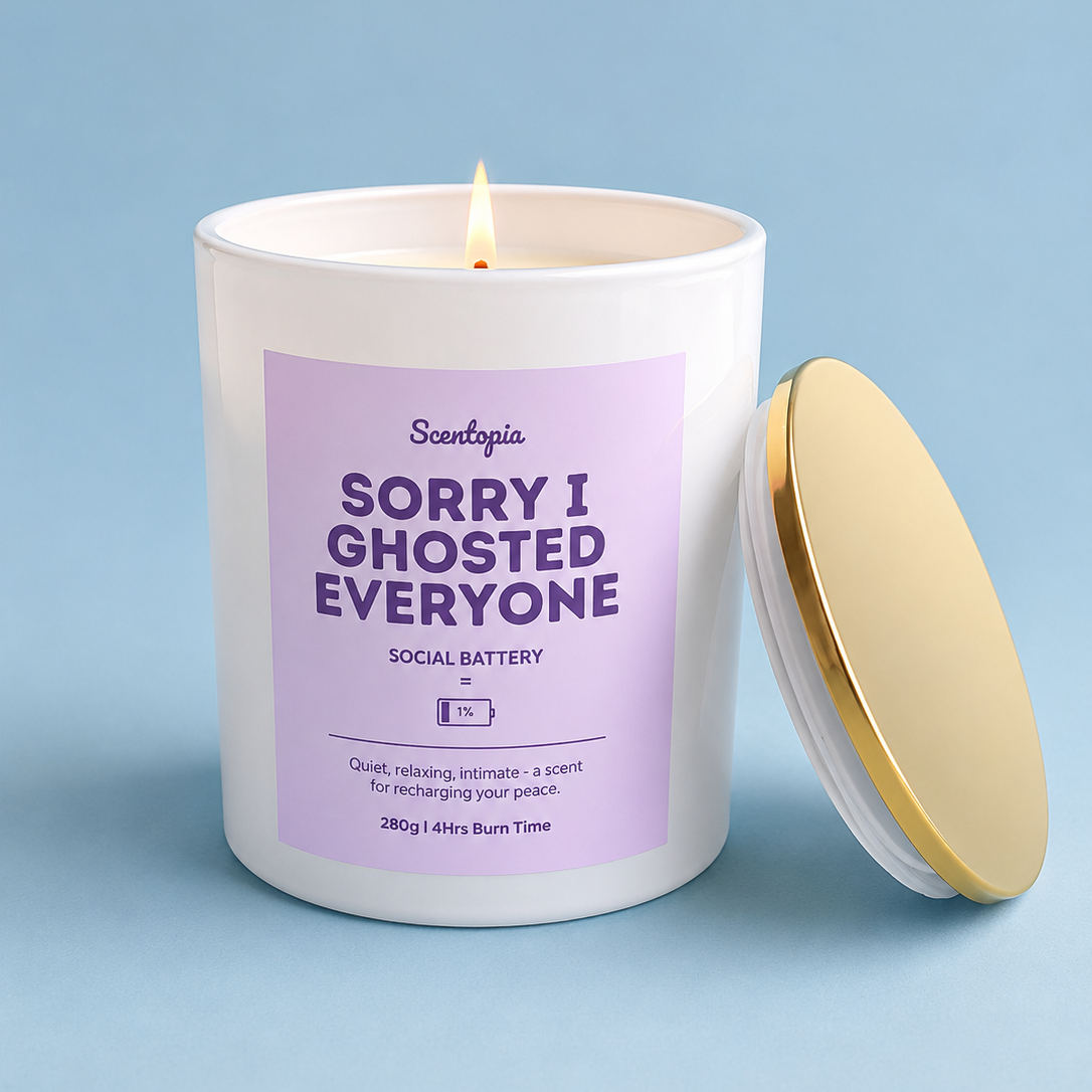 Candle with a purple label on a blue background