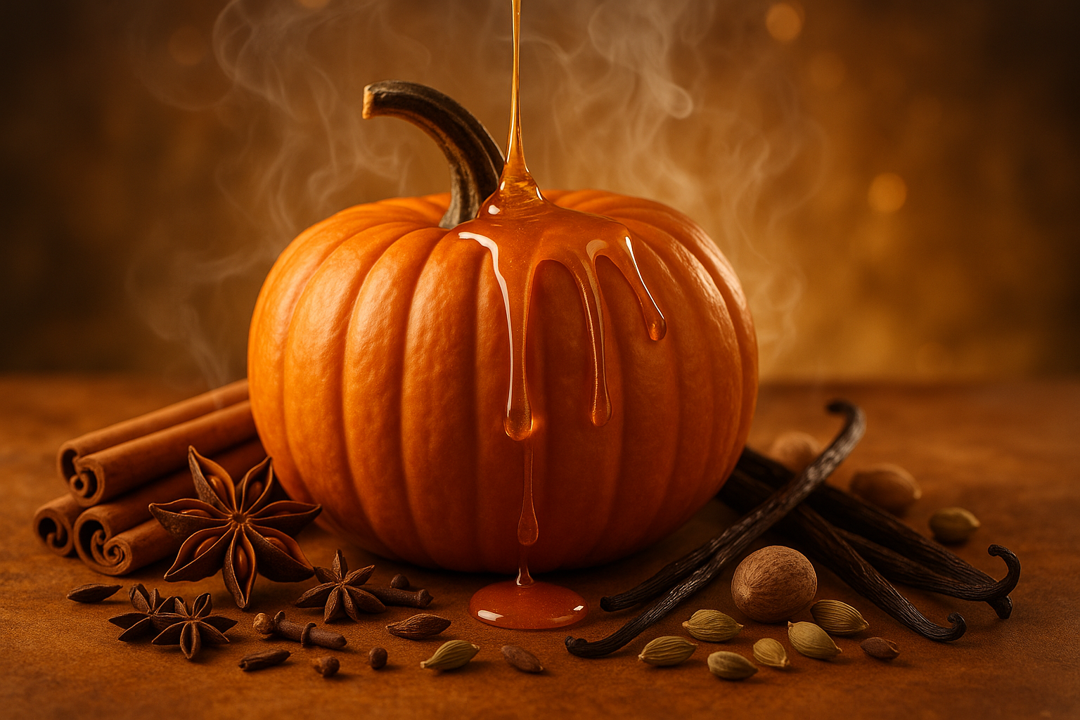 Pumpkin with caramel drizzle surrounded by spices on a warm-toned background