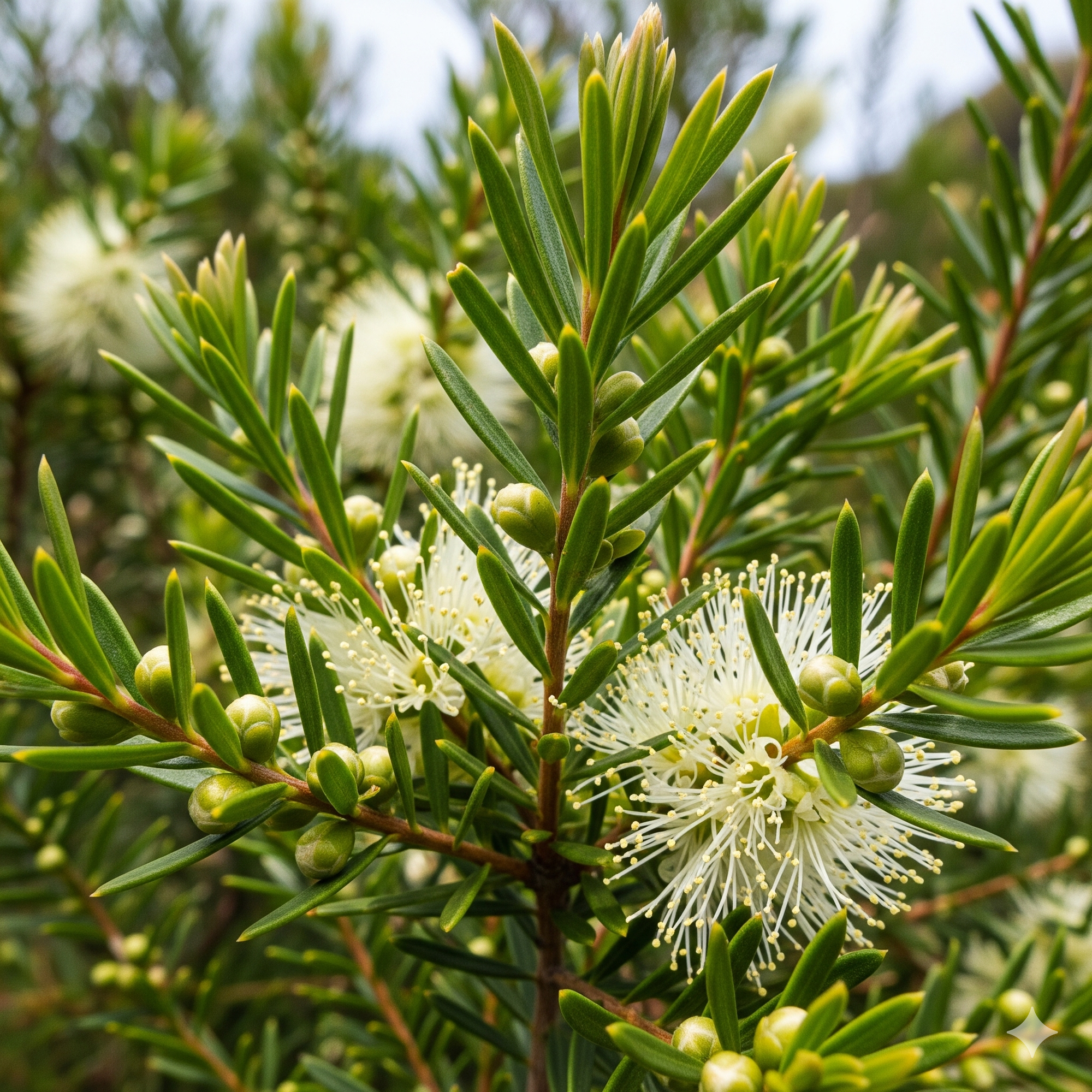 Close-up of a green plant with white flowers and buds.