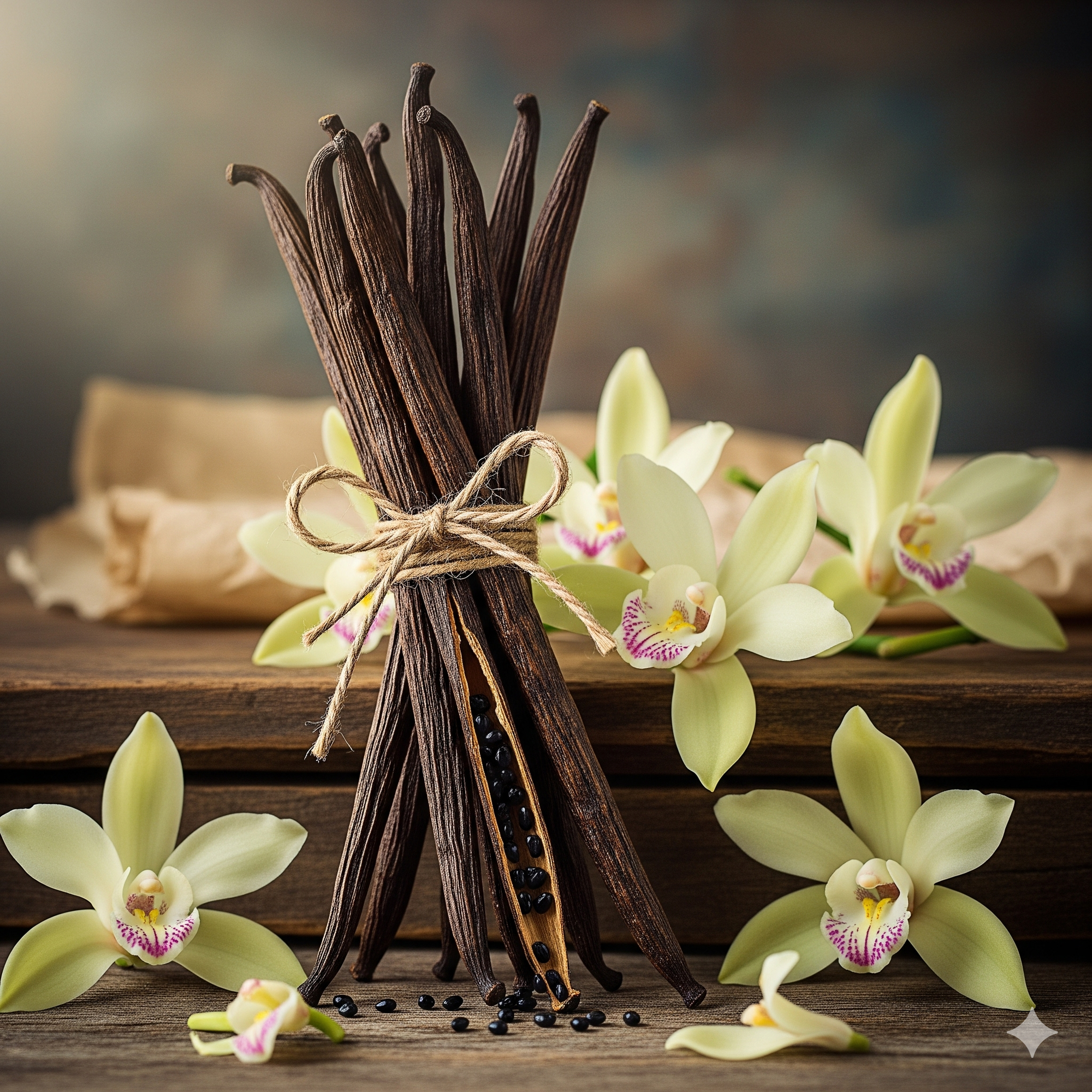 Bunch of vanilla beans tied with twine on a wooden surface with orchids.
