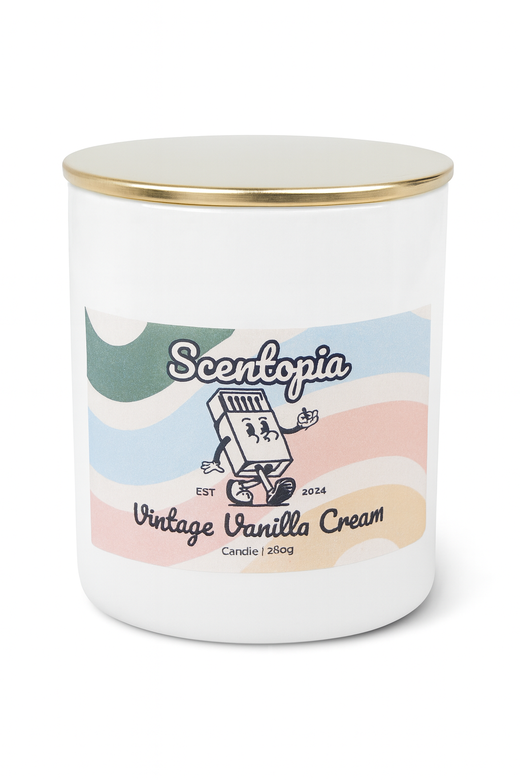 Scentopia Vintage Vanilla Cream candle with a colorful label on a white background