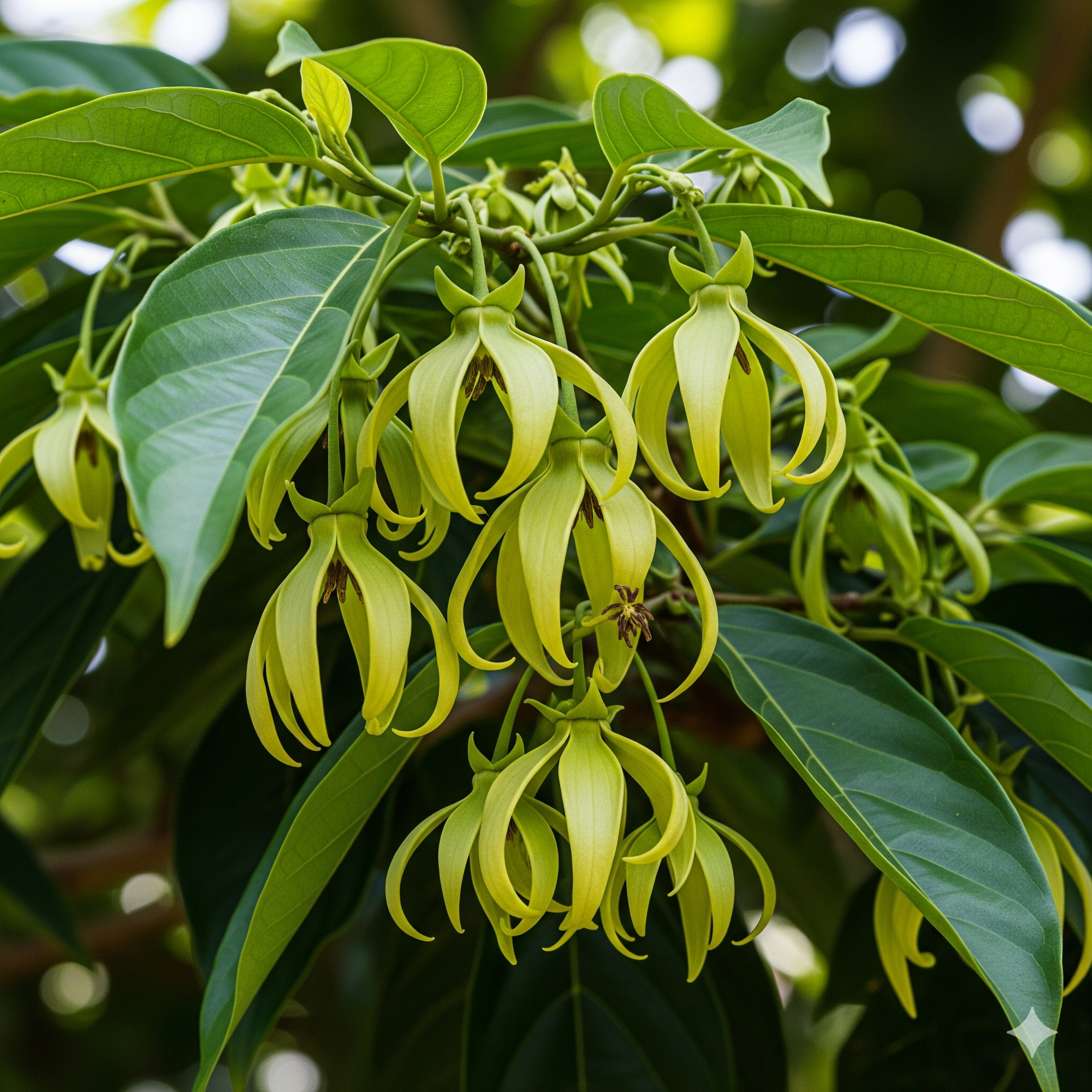 Close-up of green flowers and leaves on a tree