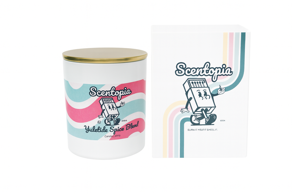 Scentopia candle with packaging on a white background
