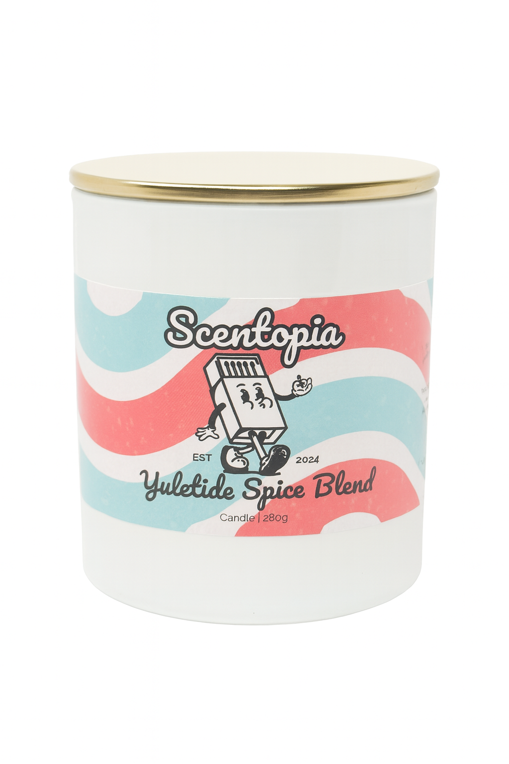 Candle jar with colorful label featuring 'Scentopia' branding on a white background