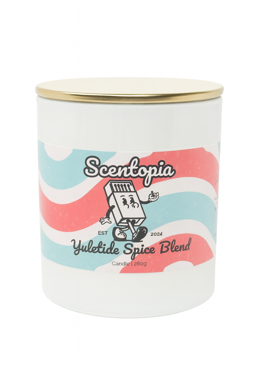 Candle jar with colorful label featuring 'Scentopia' branding on a white background