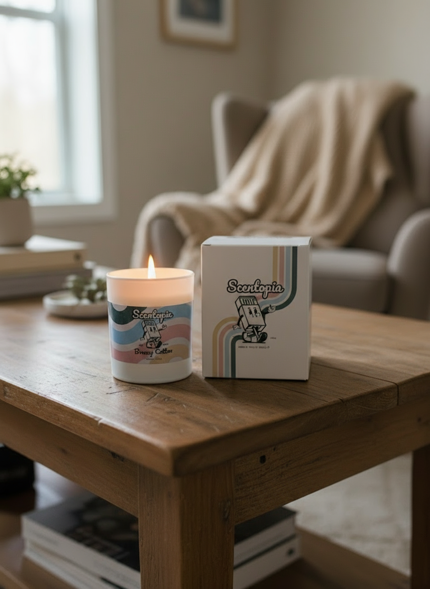 Scented candle and packaging on a wooden table with a blurred background