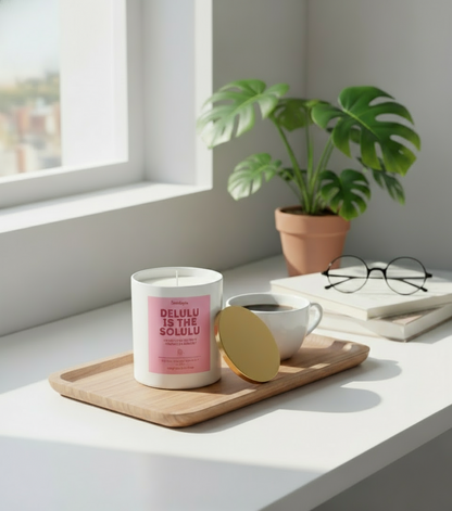 Candle with a pink label on a wooden tray next to a cup of coffee, plant, and books in a bright room.